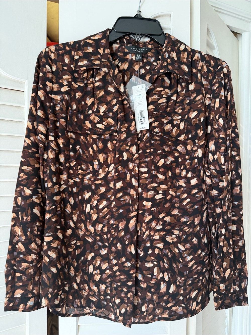 Investments Brown and Tan Abstract Print Button-Front Blouse